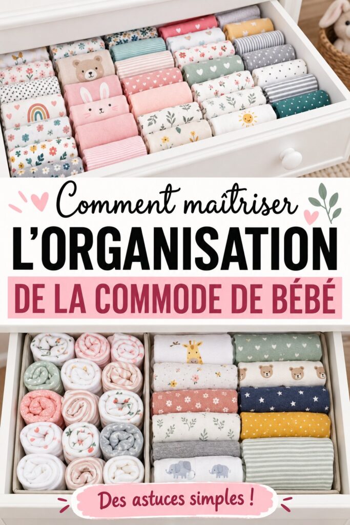 Commode organisée dans une chambre de bébé avec des vêtements et accessoires bien rangés