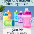 Un espace de rangement coloré pour les gobelets des enfants, organisé et facile d'accès.