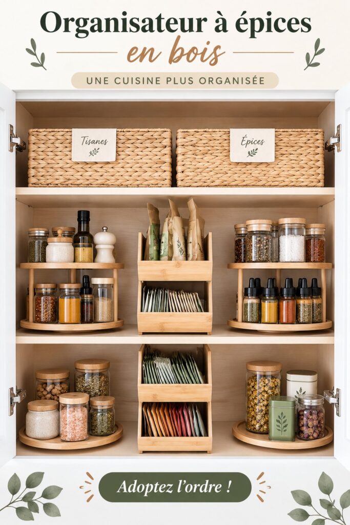 Porte-épices en bois bien organisé dans une cuisine moderne