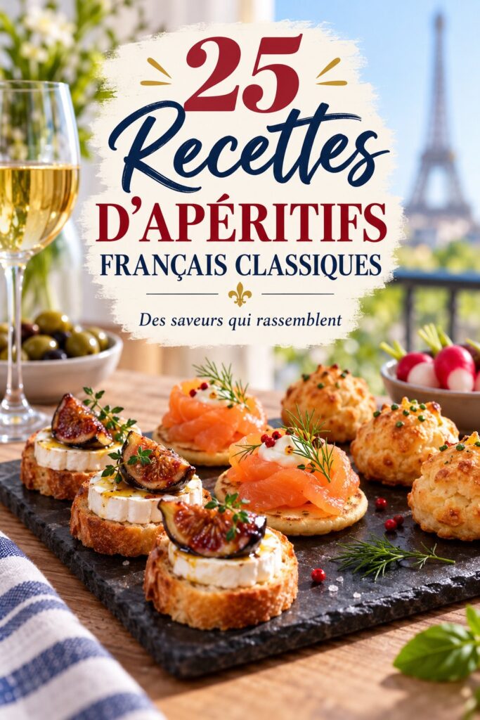 Table dressée pour un apéritif français avec des bouchées savoureuses.