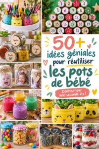 Photo d'une collection de pots de bébé réutilisés comme rangement décoratif dans une maison.