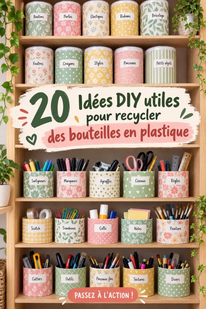 Bouteilles en plastique retransformées en objets décoratifs et utiles dans une maison familiale