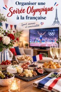 Groupe d'amis réunis autour d'une table décorée aux couleurs françaises pour une soirée olympique
