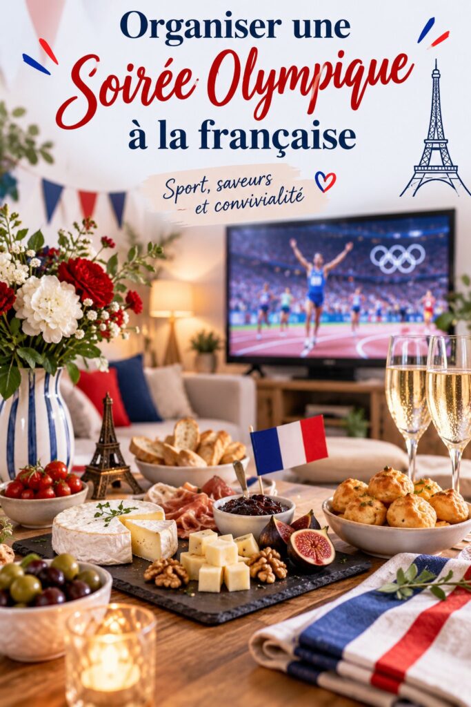 Groupe d'amis réunis autour d'une table décorée aux couleurs françaises pour une soirée olympique