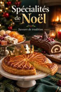 Table festive avec des spécialités culinaires françaises pour Noël