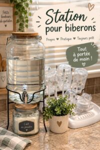 Station de biberons organisée avec des biberons et accessoires pour bébé.