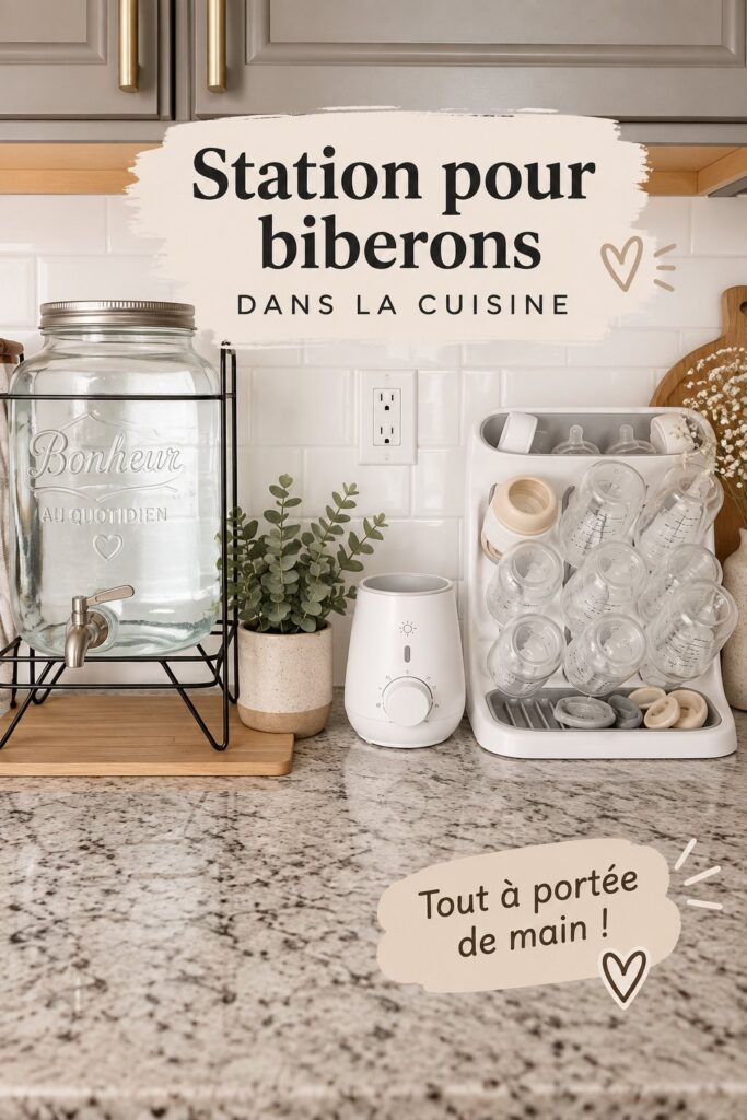 Station de biberons bien organisée dans une cuisine familiale.