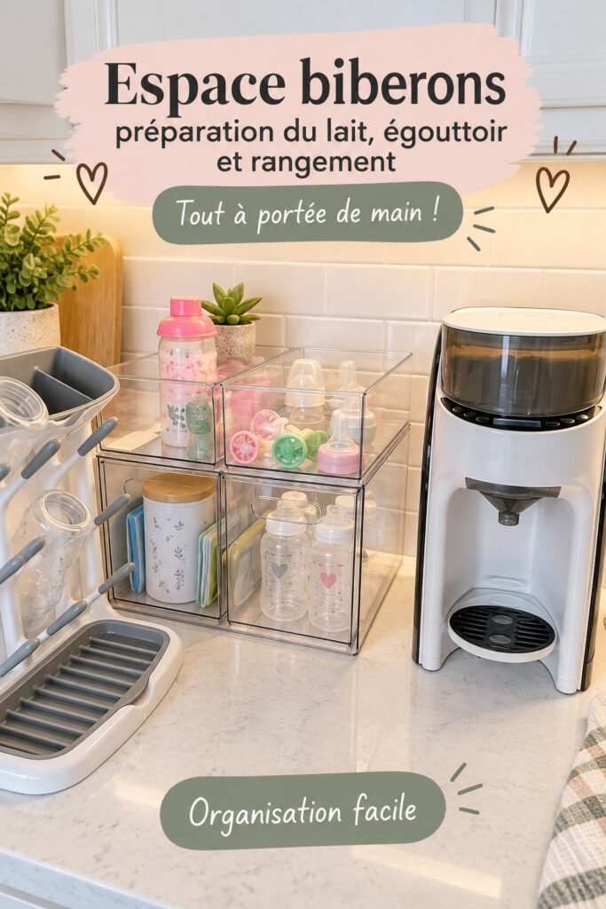 Station de rangement pour biberons, organisée et pratique à utiliser.