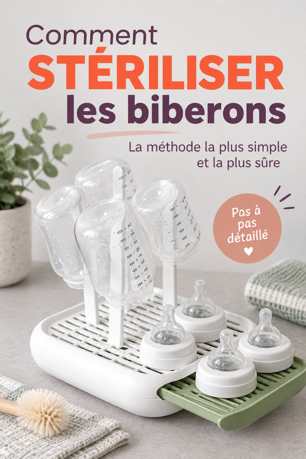 Mère stérilisant des biberons en utilisant une méthode à la vapeur
