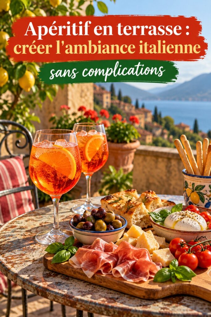Terrasse décorée pour un apéritif Italien avec des mets savoureux et une ambiance conviviale.