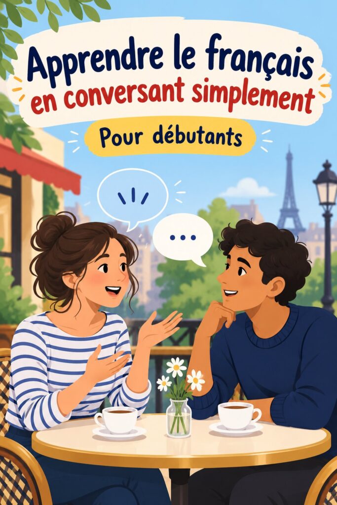Un enfant souriant entouré de livres en français et de matériel éducatif coloré.