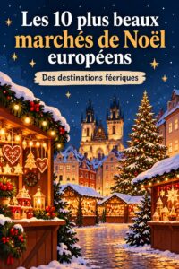 Marché de Noël illuminé en Europe avec des stands de produits locaux.