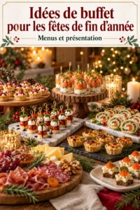 Buffet de Noël coloré avec diverses recettes savoureuses.