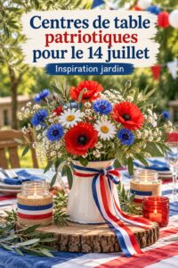 Centres de table patriotiques pour le 14 juillet avec des fleurs, drapeaux et accessoires français.