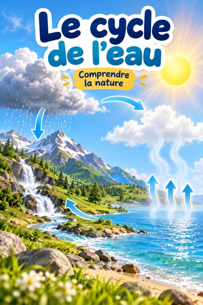 Une illustration représentant le cycle de l'eau, montrant l'évaporation, la condensation et les précipitations.