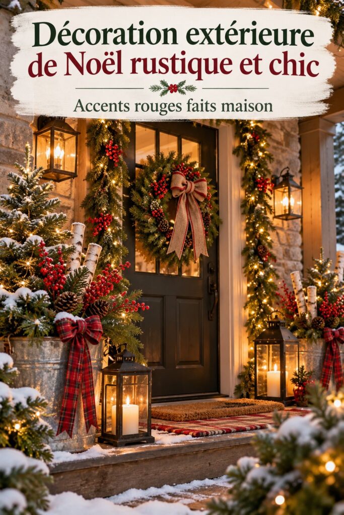 Décoration extérieure de Noël avec des accents rustiques et rouges