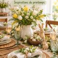 Une table de Pâques joliment décorée avec des fleurs et des couleurs vives.