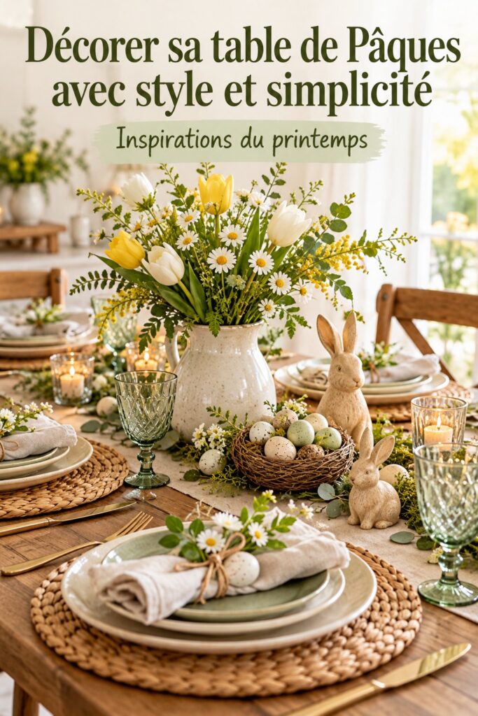 Une table de Pâques joliment décorée avec des fleurs et des couleurs vives.