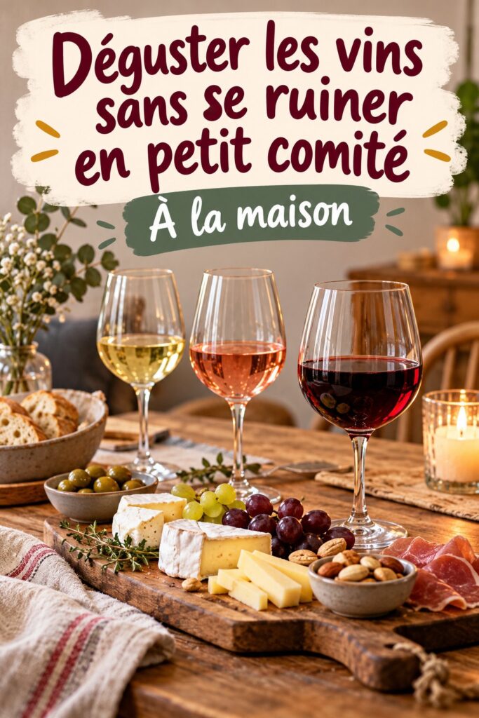 Groupe d'amis réunis autour d'une table, dégustant différents vins lors d'une soirée conviviale.