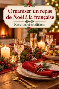 Une table élégamment dressée pour un dîner de Noël traditionnel français, décorée de bougies et de fleurs.