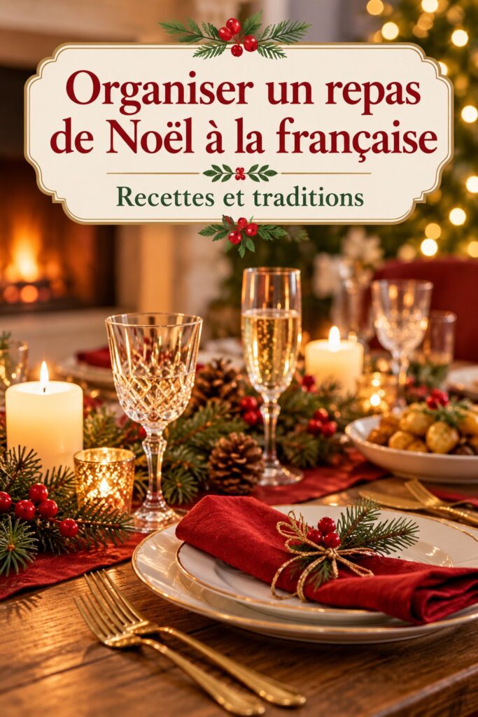Une table élégamment dressée pour un dîner de Noël traditionnel français, décorée de bougies et de fleurs.