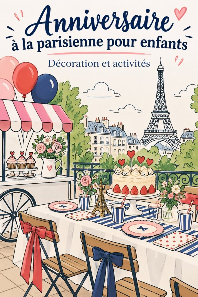 Fête d'anniversaire sur le thème de Madeline à Paris avec décorations colorées et une table festive.