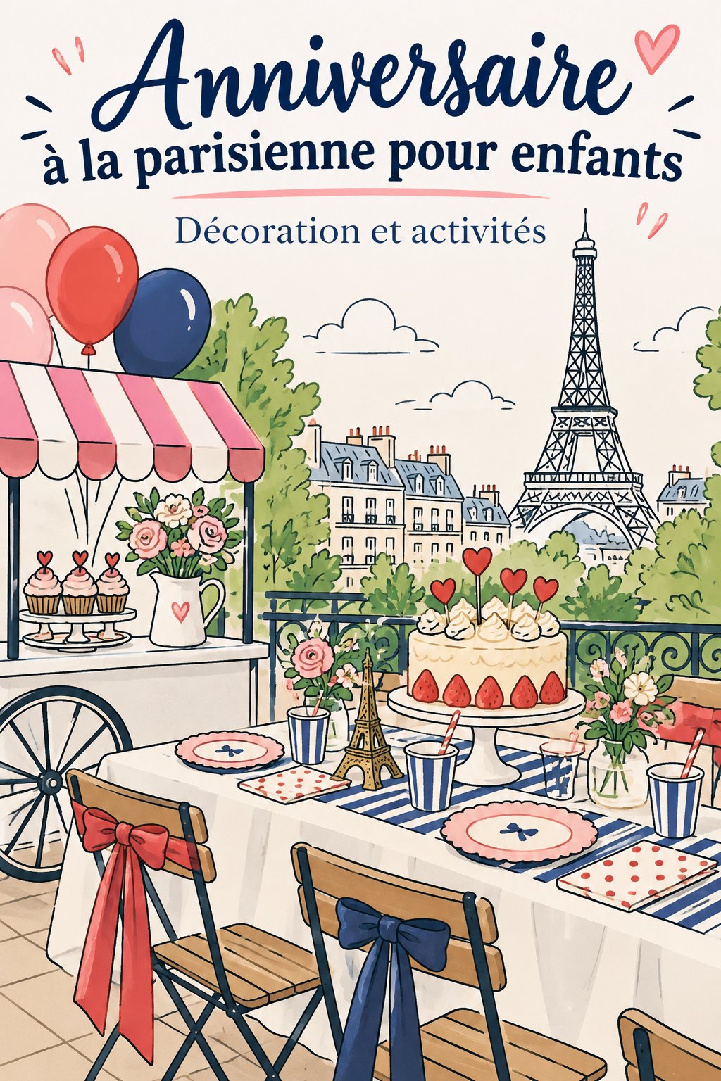 Fête d'anniversaire sur le thème de Madeline à Paris avec décorations colorées et une table festive.