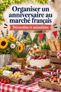 Fête d'anniversaire sur le thème des marchés français avec décorations colorées.