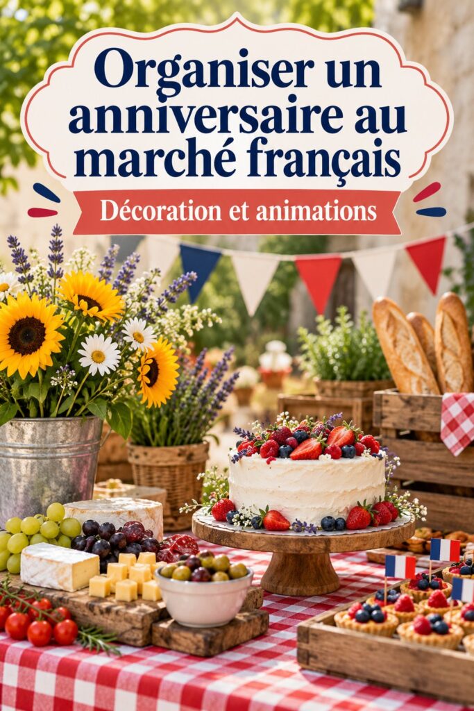 Fête d'anniversaire sur le thème des marchés français avec décorations colorées.