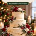 Un magnifique gâteau de mariage décoré pour Noël, avec des éléments festifs comme des flocons de neige et des couleurs rouge et doré.