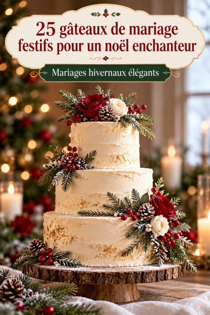 Un magnifique gâteau de mariage décoré pour Noël, avec des éléments festifs comme des flocons de neige et des couleurs rouge et doré.