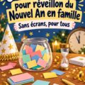 Famille réunie autour d'un jeu de société pendant le réveillon du Nouvel An.