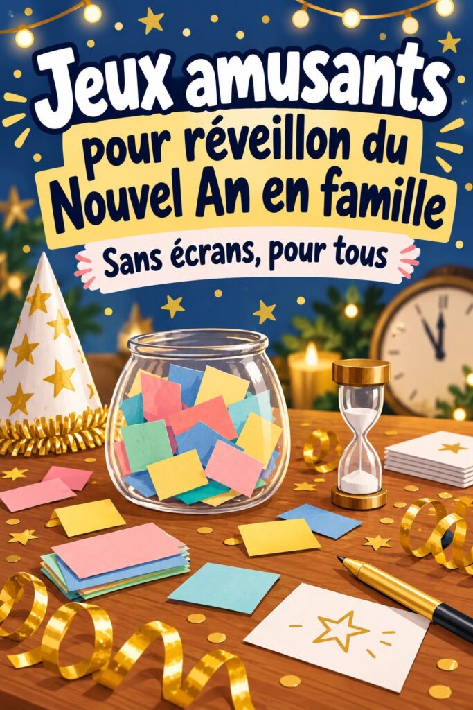 Famille réunie autour d'un jeu de société pendant le réveillon du Nouvel An.