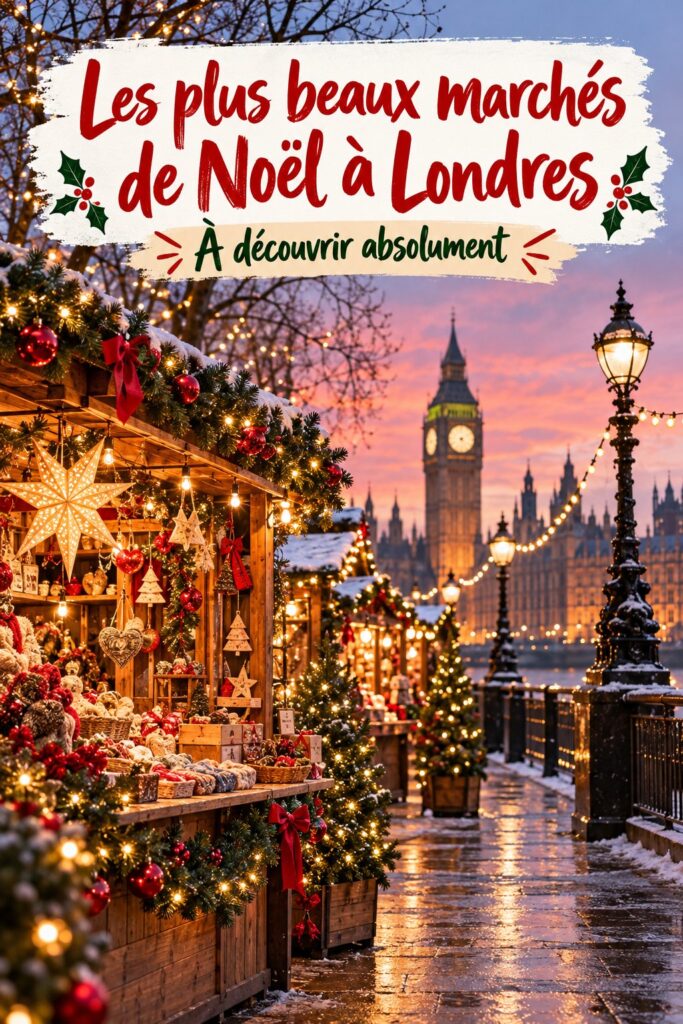 Marché de Noël illuminé à Londres avec des stands et des visiteurs.
