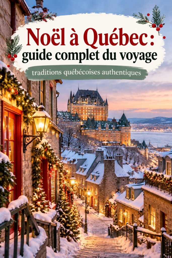 Marché de Noël à Québec avec des décorations festives et des visiteurs