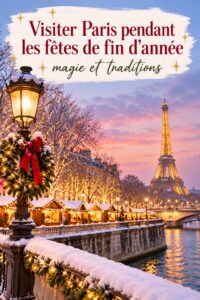 Vue de Paris illuminée pour Noël, avec des décorations festives et l'Arc de Triomphe en arrière-plan.