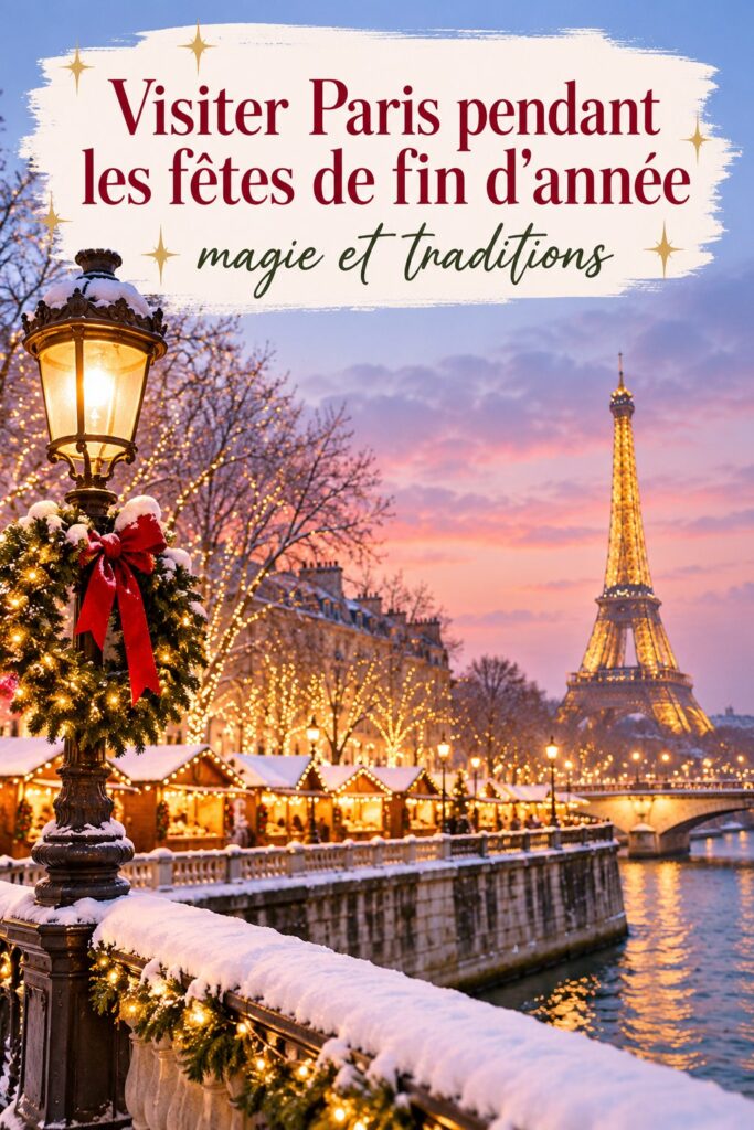Vue de Paris illuminée pour Noël, avec des décorations festives et l'Arc de Triomphe en arrière-plan.