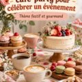 Café-party décoré avec des tasses colorées et des douceurs sur la table.