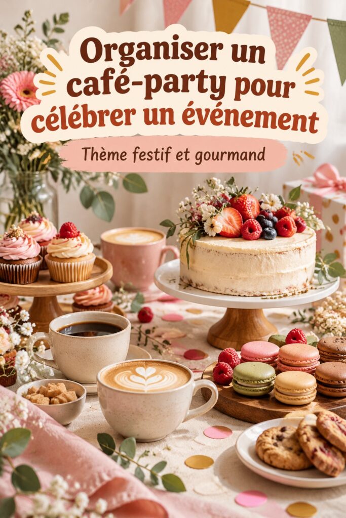 Café-party décoré avec des tasses colorées et des douceurs sur la table.