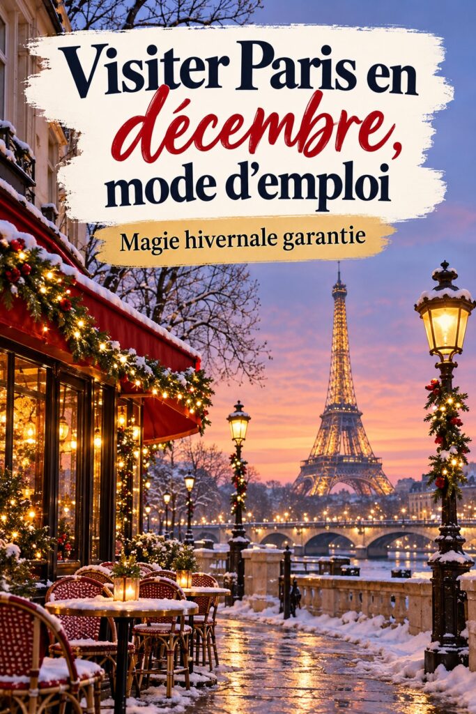 Vue illuminée de la Tour Eiffel à Paris en décembre, créant une ambiance féerique.