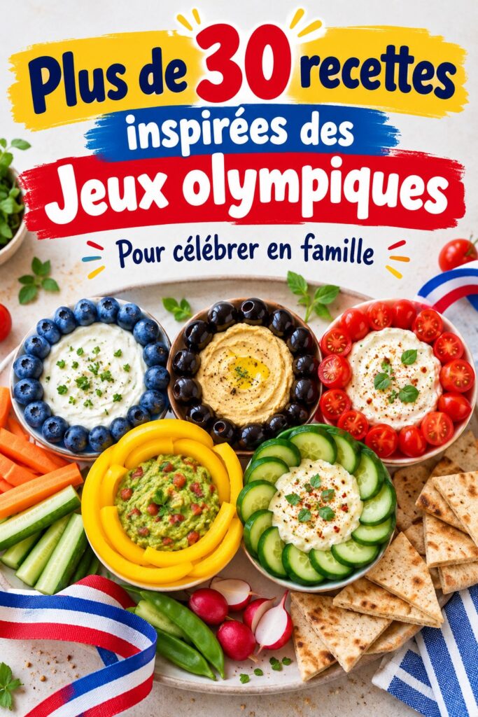 Une table festive avec des plats colorés inspirés des Jeux Olympiques.