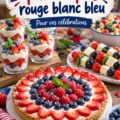 Table recouverte de plats colorés en rouge, blanc et bleu pour une fête d'été en famille.