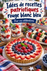 Table recouverte de plats colorés en rouge, blanc et bleu pour une fête d'été en famille.